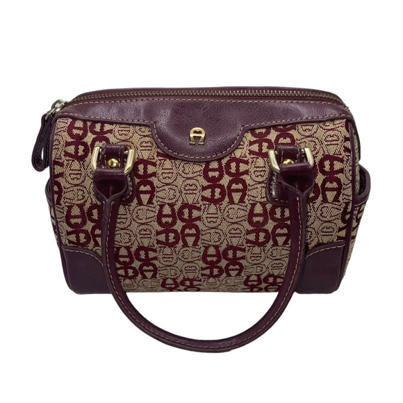 Etienne Aigner Vintage Handbag Burgundy Dark‎ Red Leather Tan Canvas Logo Purse - Picture 6 of 11